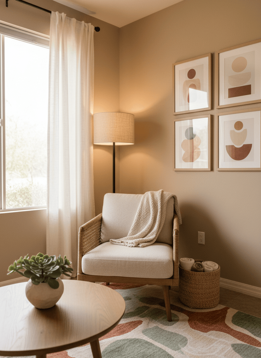 A warm, softly lit welcoming therapy office space in Arizona, a comfortable armchair, soft natural light through a window, a small plant, earthy warm neutral tones. Inviting, calm, professional interior photography, no people.
